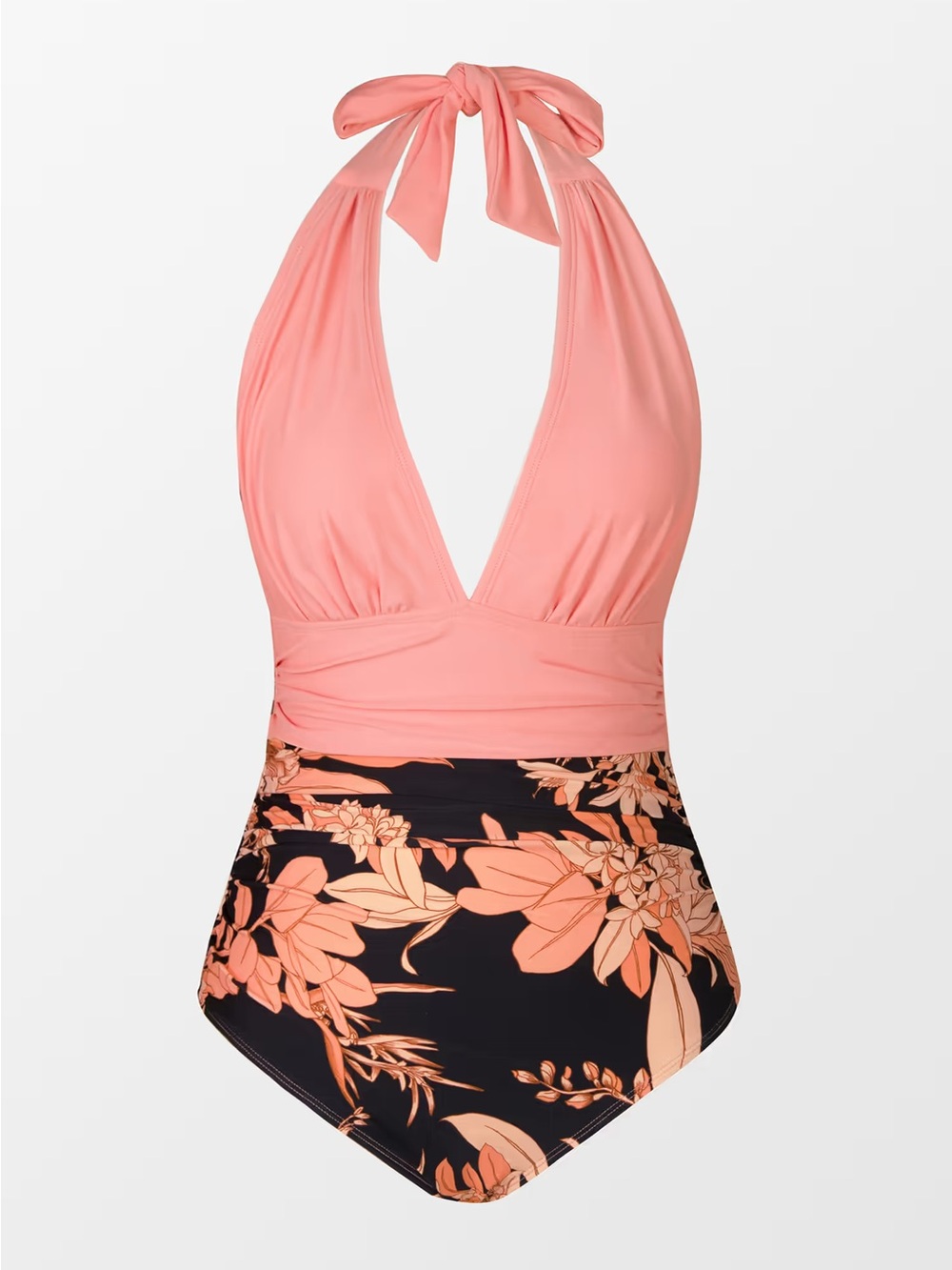 NWOT Coral Halter One-Piece Swimsuit with Black Floral Bottom